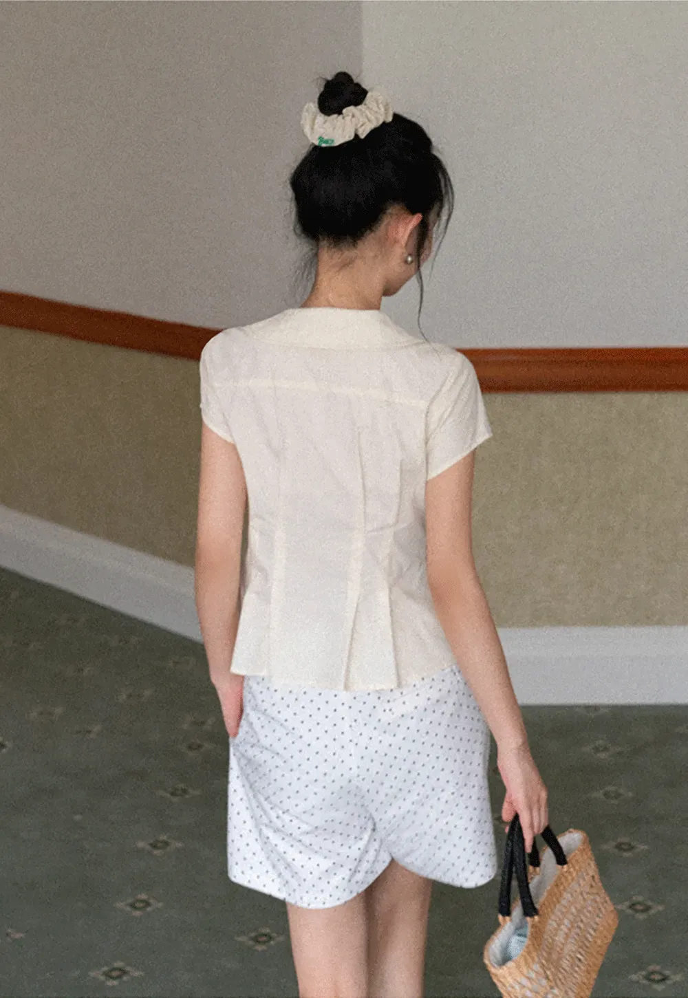 Short Sleeve Shirt with Peter Pan Collar and Peplum Hem