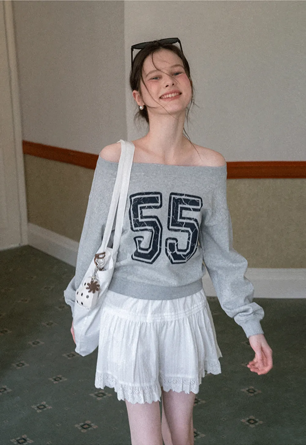 Off Shoulder Sweatshirt with Number Print