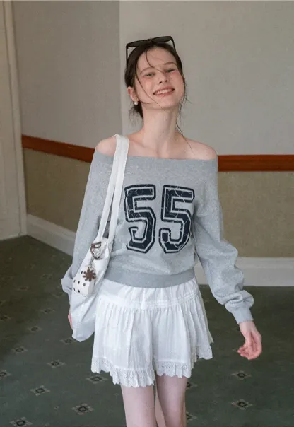 Off Shoulder Sweatshirt with Number Print