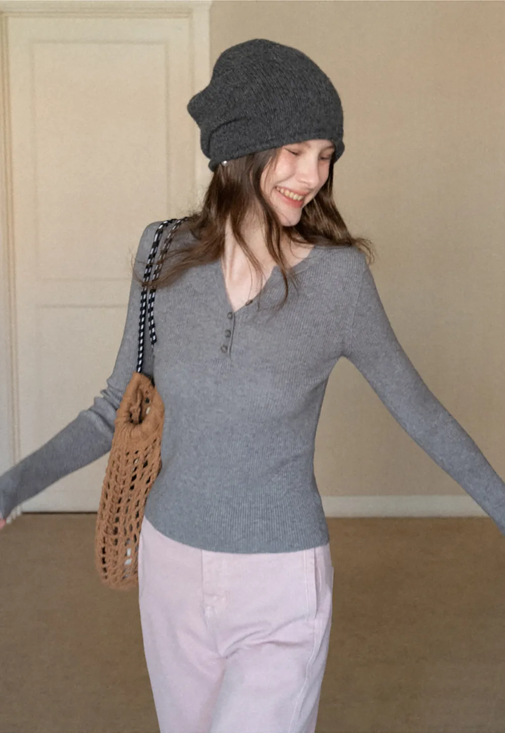 Elegant Henley Knit Top with Button Detail