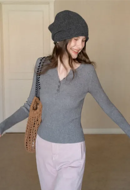 Elegant Henley Knit Top with Button Detail
