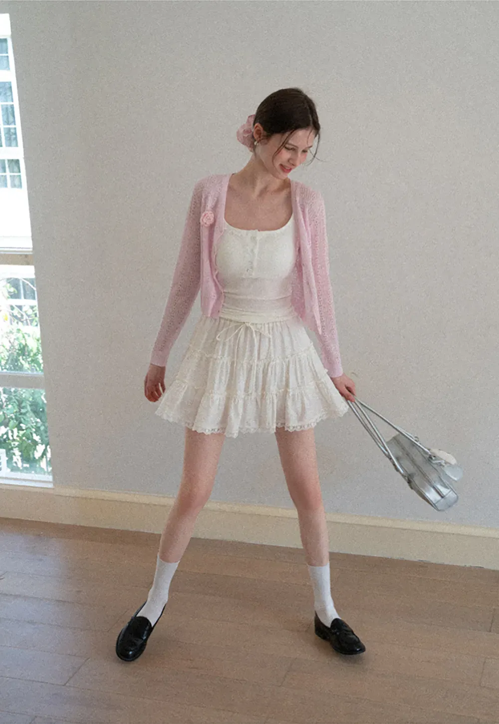 Tiered lace hem drawstring waist skirt