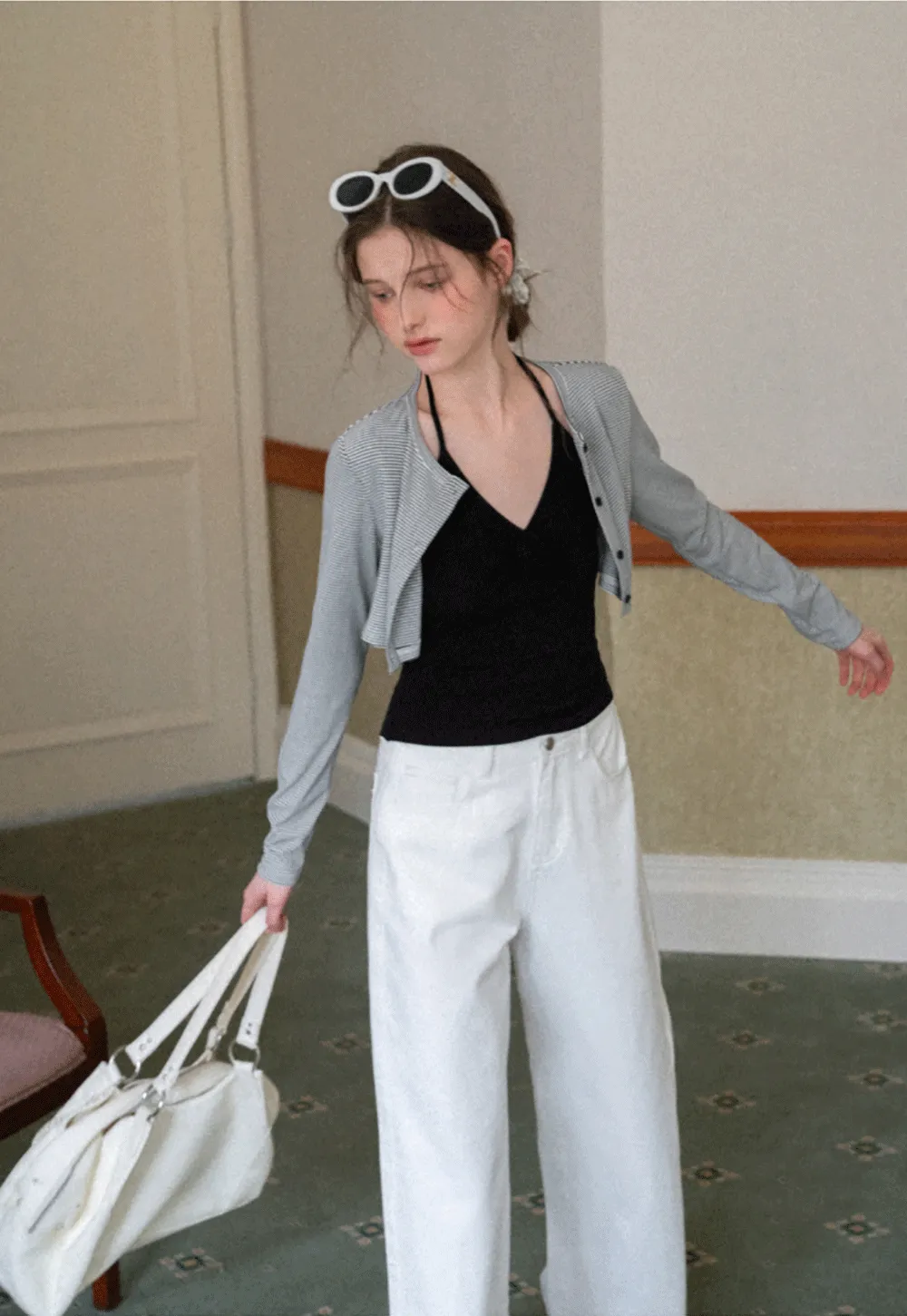 Striped cardigan with buttons and V neck tank top