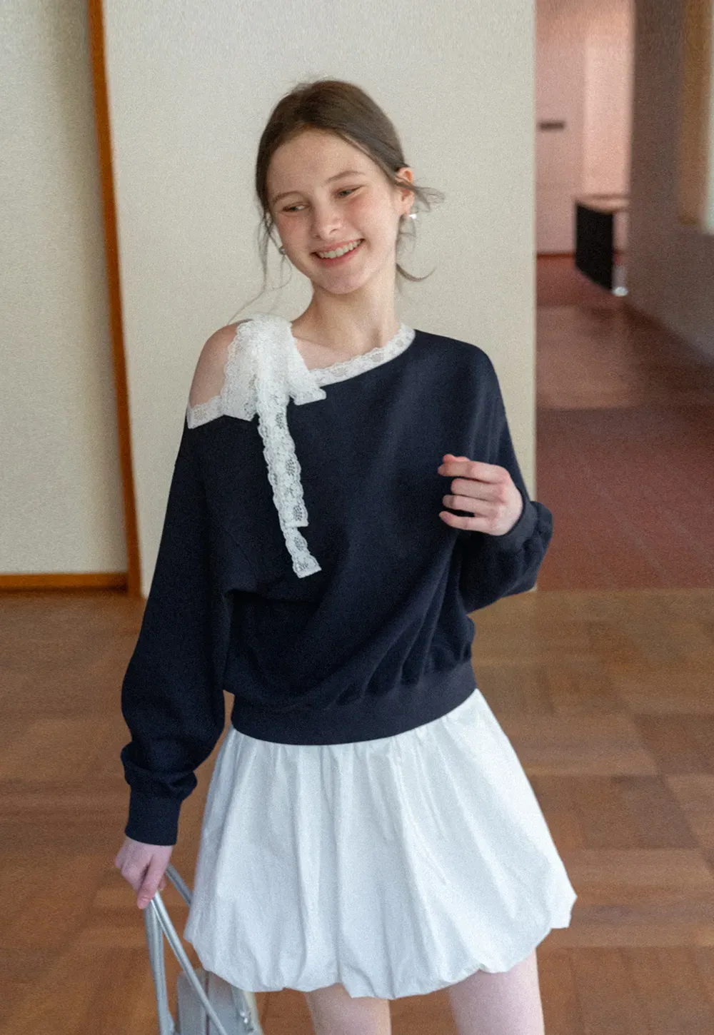 Off shoulder sweatshirt with lace trim detail