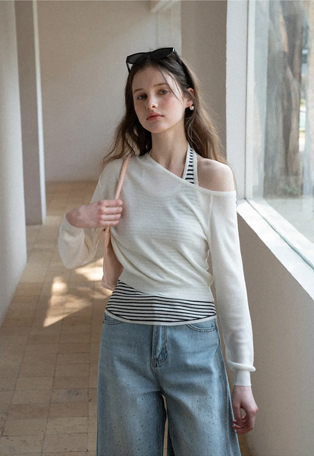 Off Shoulder Long Sleeve Knit Sweater with Striped Trim