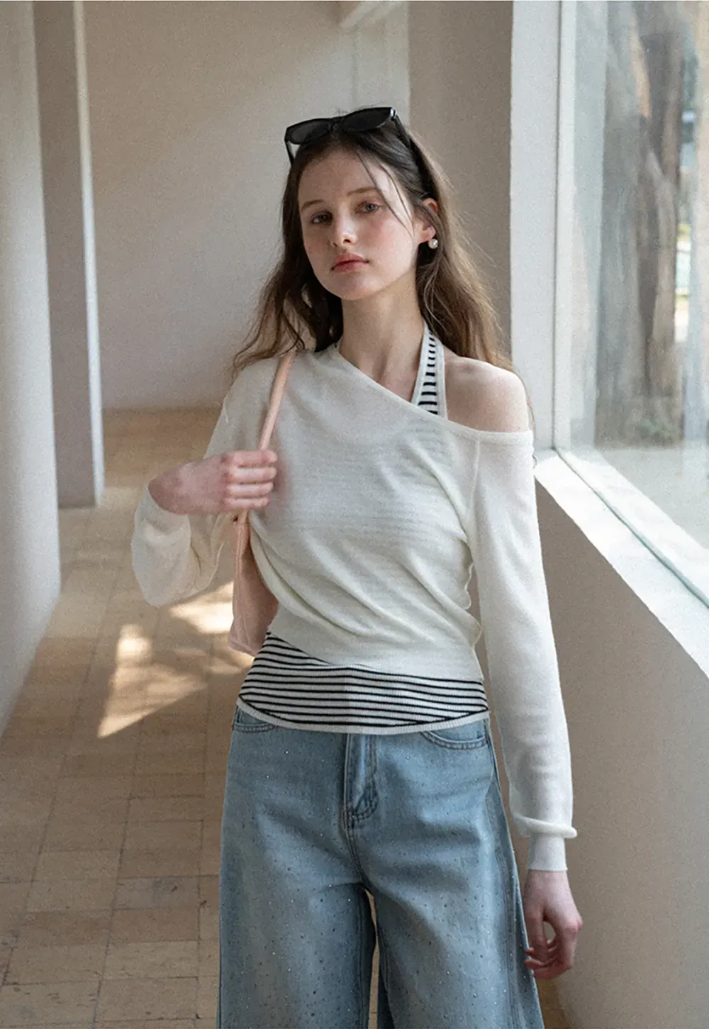 Off Shoulder Long Sleeve Knit Sweater with Striped Trim