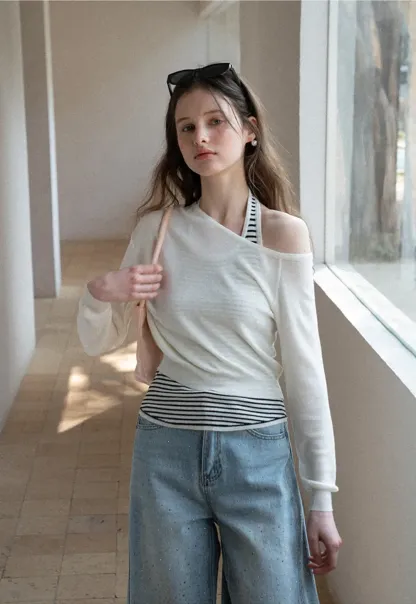 Off Shoulder Long Sleeve Knit Sweater with Striped Trim