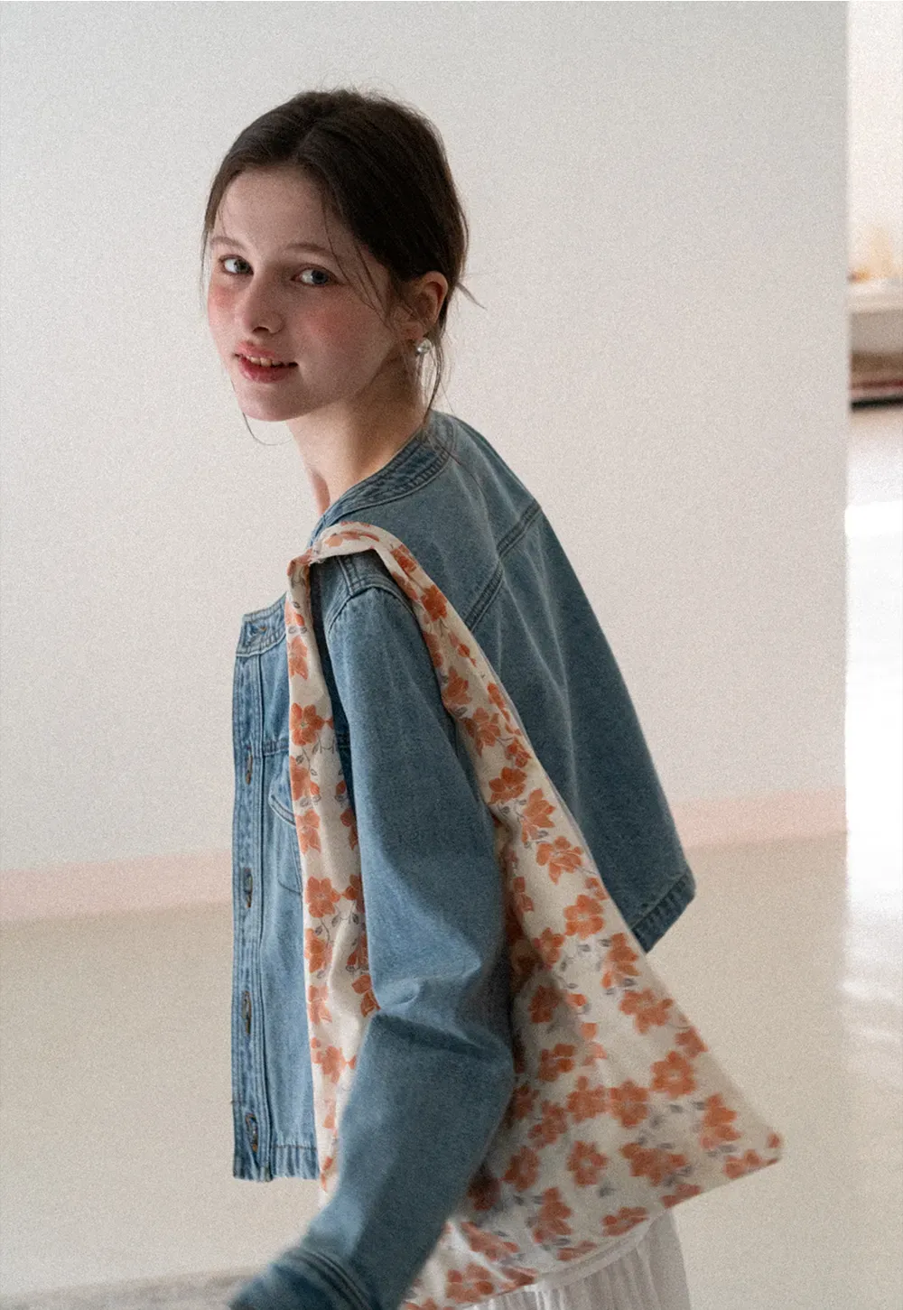 Denim short jacket with button front and chest pockets