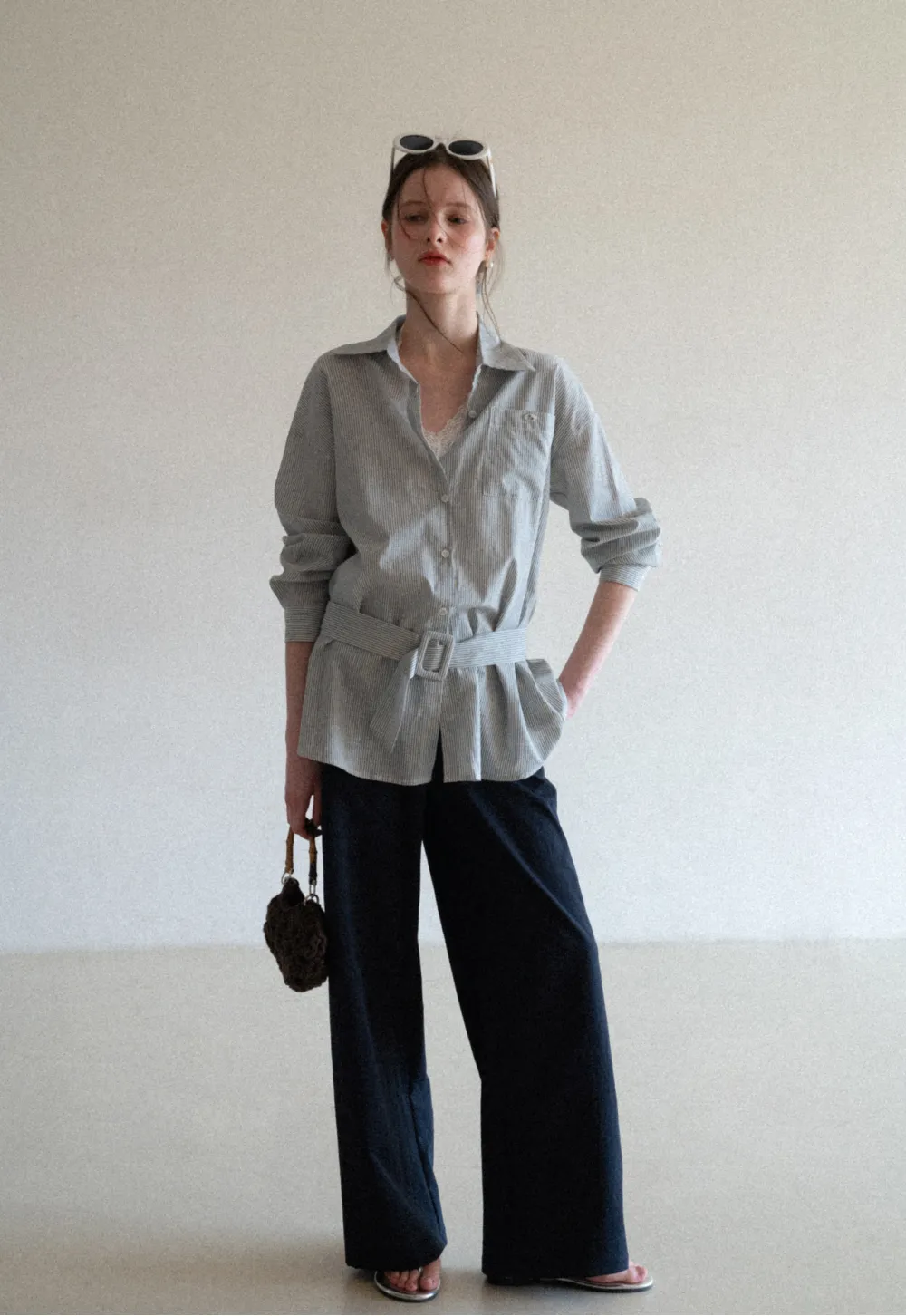 Striped Shirt with Belt and Lace Trim Tank Top