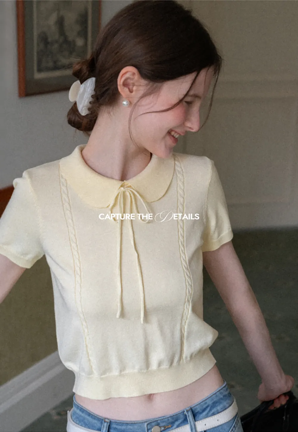 Short Sleeve Knit Top with Collar and Drawstring