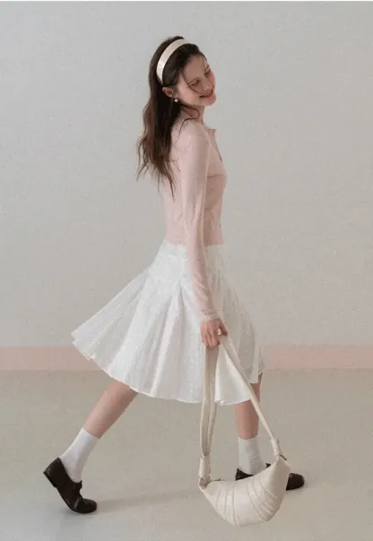 Long sleeve button front knit top with collar