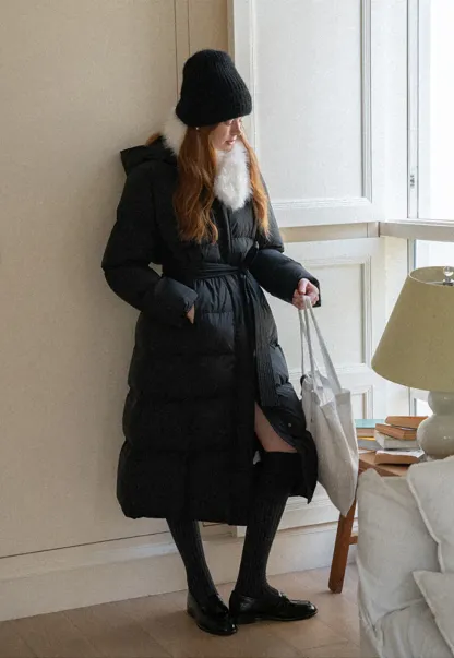 Long Puffer Coat with Fur Trim Hood Belted Design