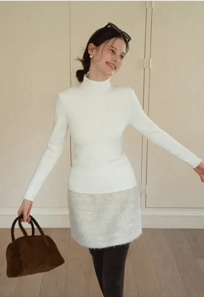 Elegant High Neck Knit Sweater with Button Detail Sleeve