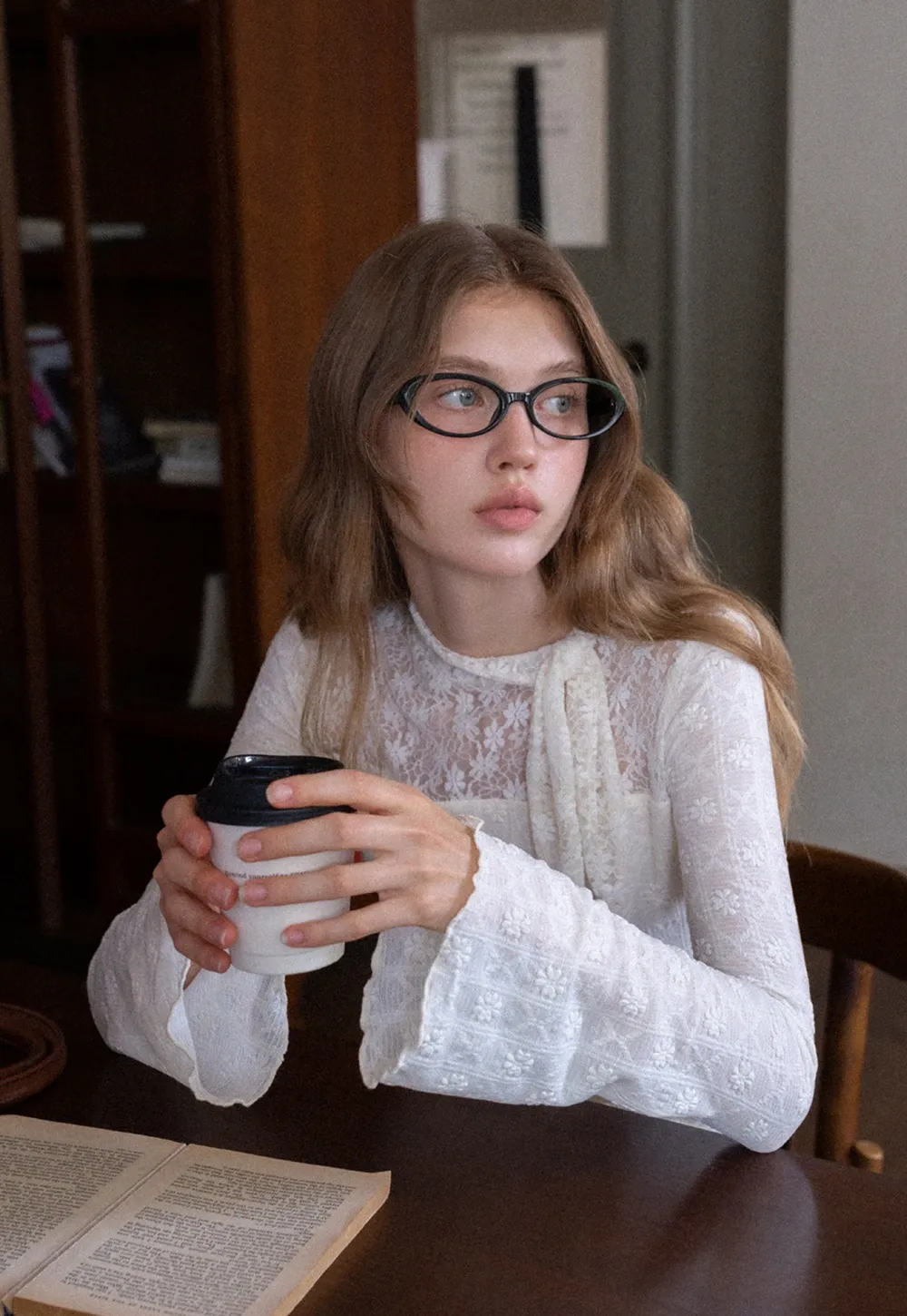 Lace Tie Neck Long Sleeve Blouse