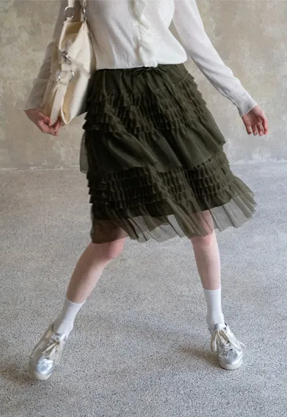 Tiered Ruffled Sheer Skirt with Drawstring Waist