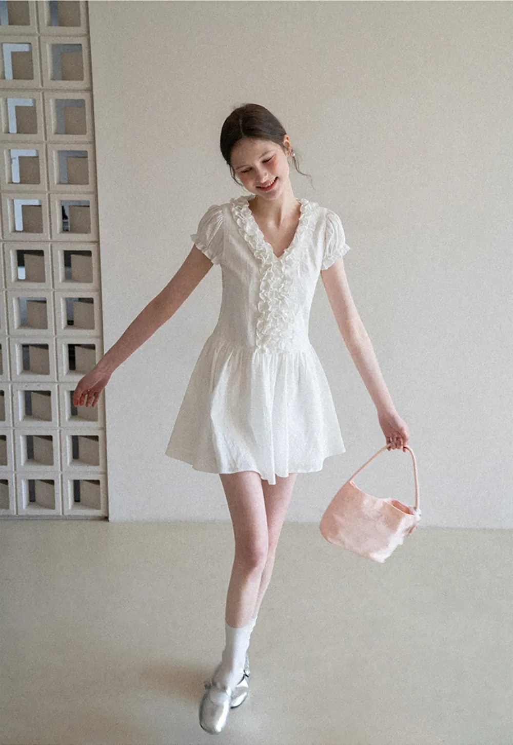 Ruffled V Neck Short Sleeve A Line Dress