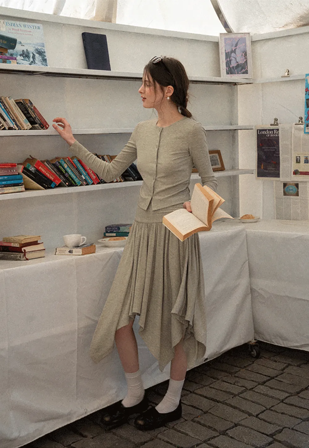 Long sleeve button front top and asymmetrical skirt