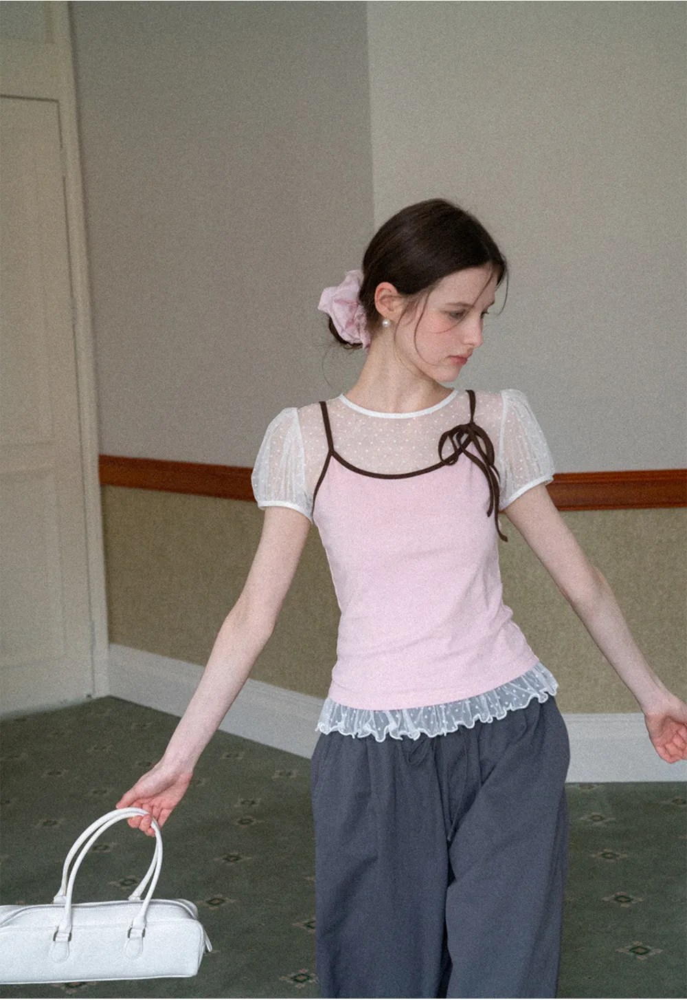 Sheer Mesh Trimmed Tank Top with Bow Detail