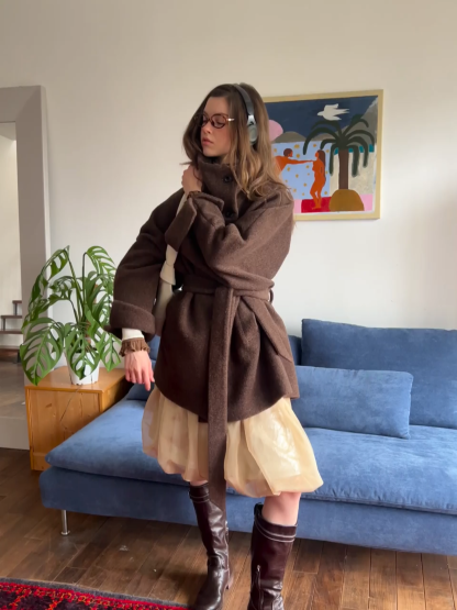 Winter Woolen Coat with Belt and Button Fastening