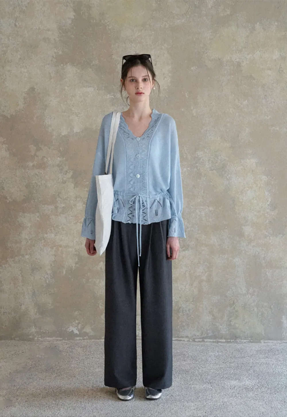 Lace Trimmed V Neck Knit Sweater with Drawstring Hem