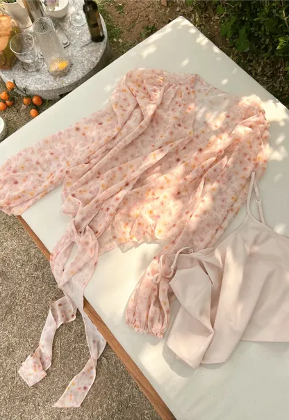 Lace Chiffon Wrap Blouse with Long Sleeves