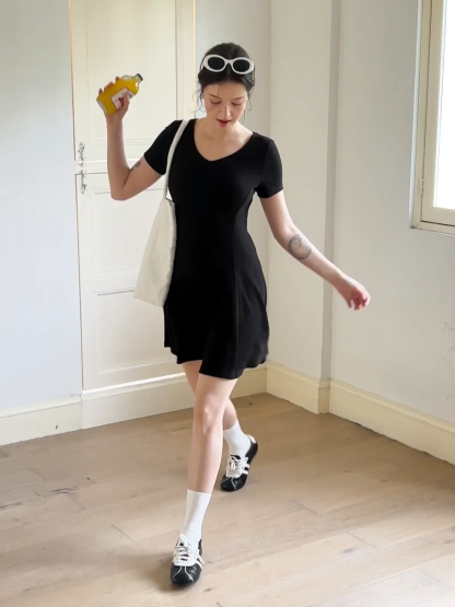 V Neck Short Sleeve A Line Dress
