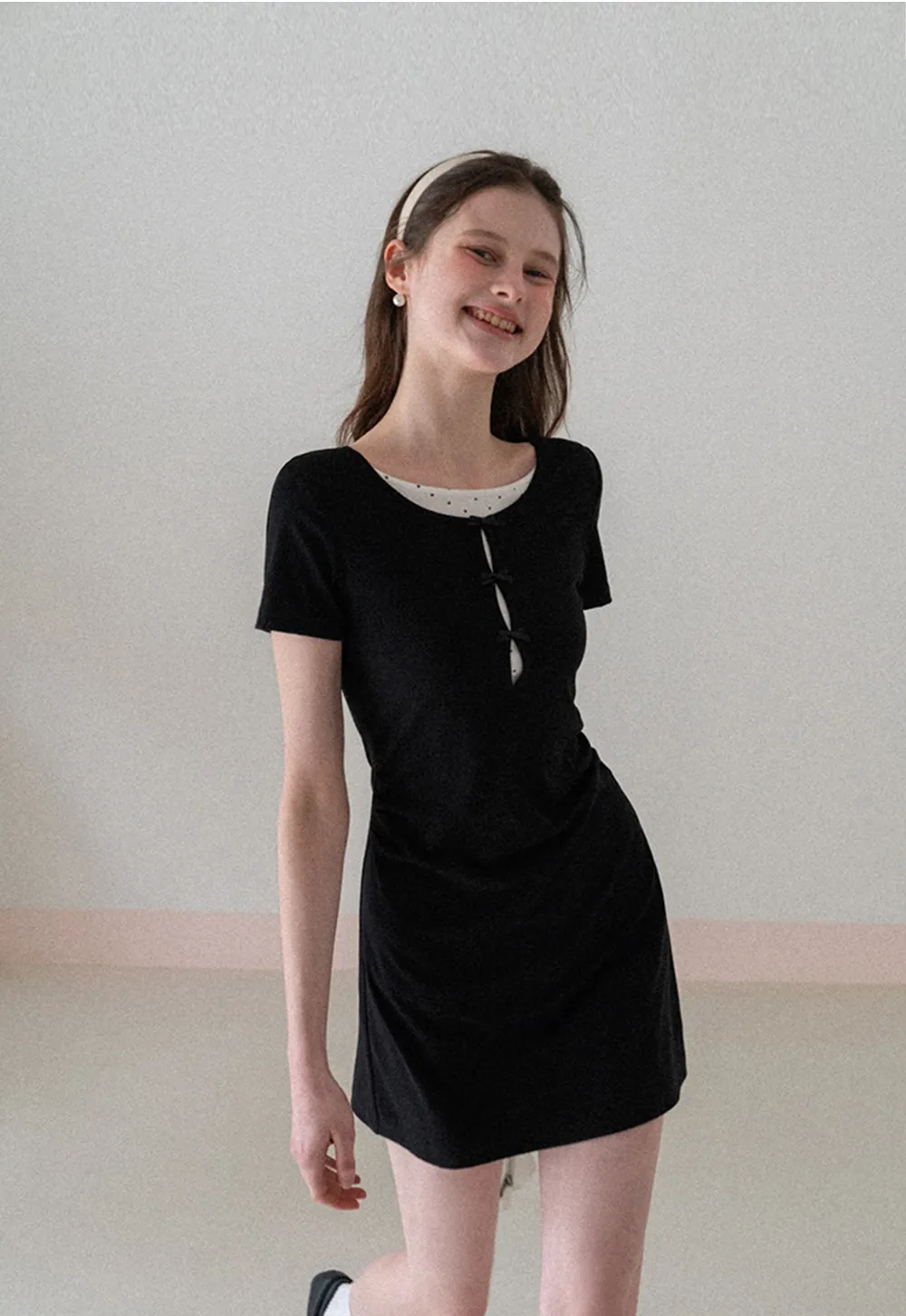 Short Sleeve Dress with Polka Dot Collar and Front Knot Detail