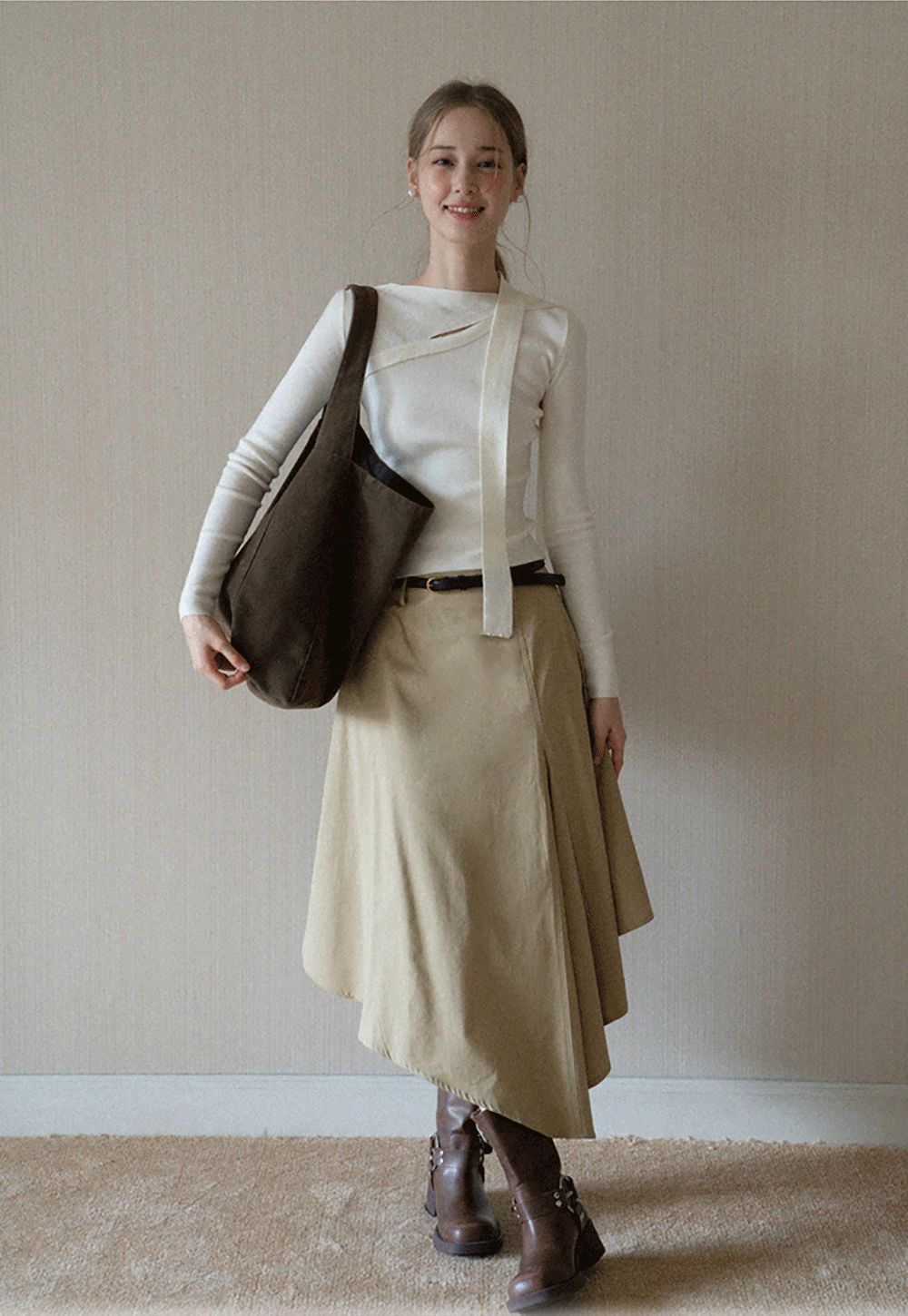 Womens High Waist Asymmetrical Midi Skirt