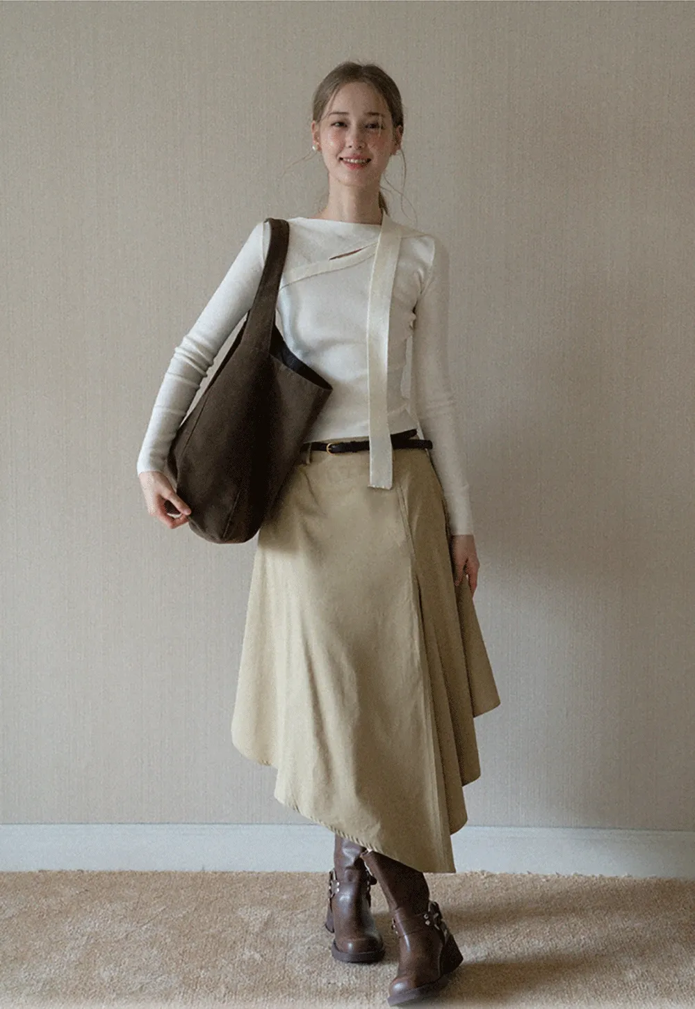 Womens High Waist Asymmetrical Midi Skirt