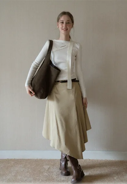 Womens High Waist Asymmetrical Midi Skirt