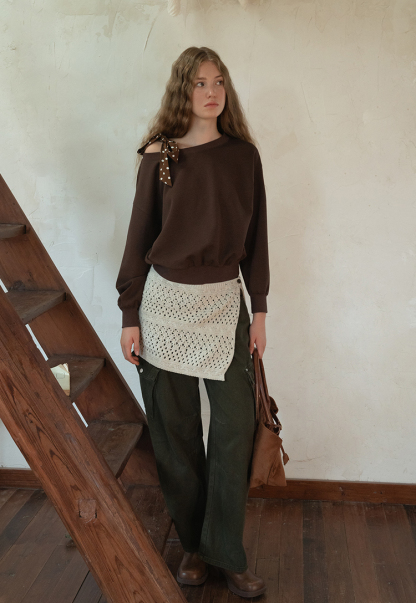 Women Tie-Front Loose One-Shoulder Sweatshirt