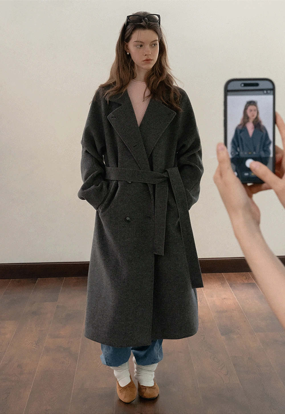 Women Classic Wool Coat with Button Details and Waist Belt