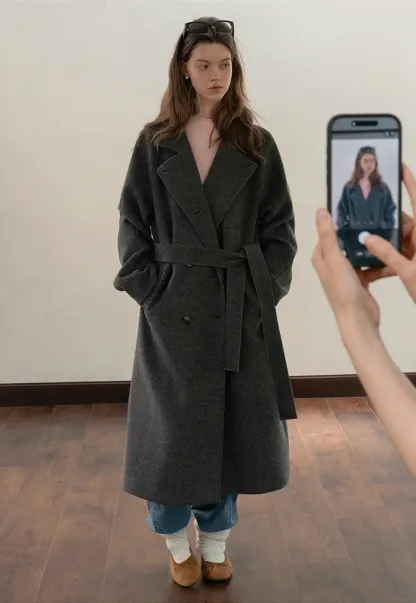 Women Classic Wool Coat with Button Details and Waist Belt