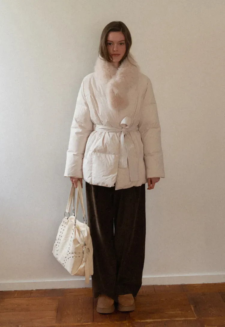 Belted Down Coat with Faux Fur Collar