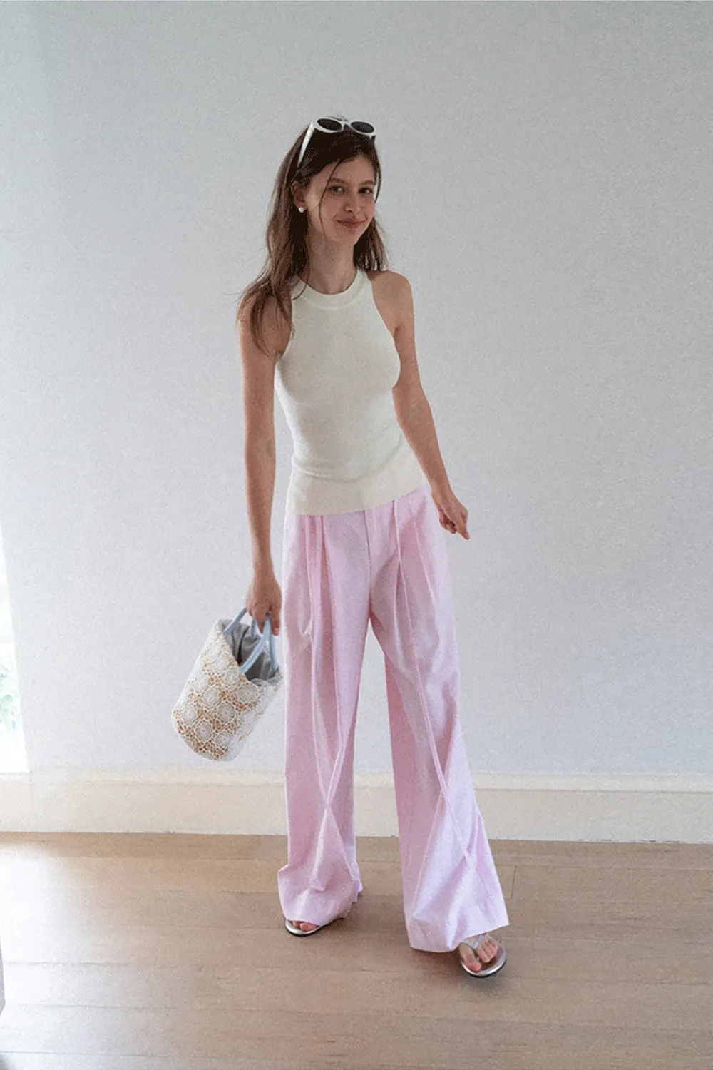 Wide Leg Pleated Casual Pants with Drawstring Waist