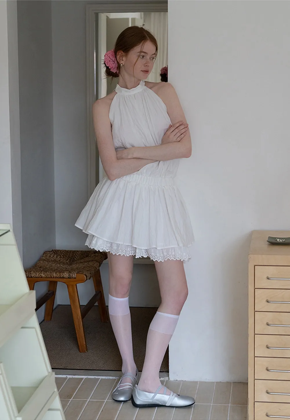 Eyelet Trim Halter Mini Dress