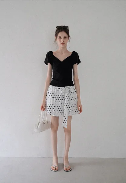 Women's Polka Dot High Waist Mini Skirt with Bow Tie