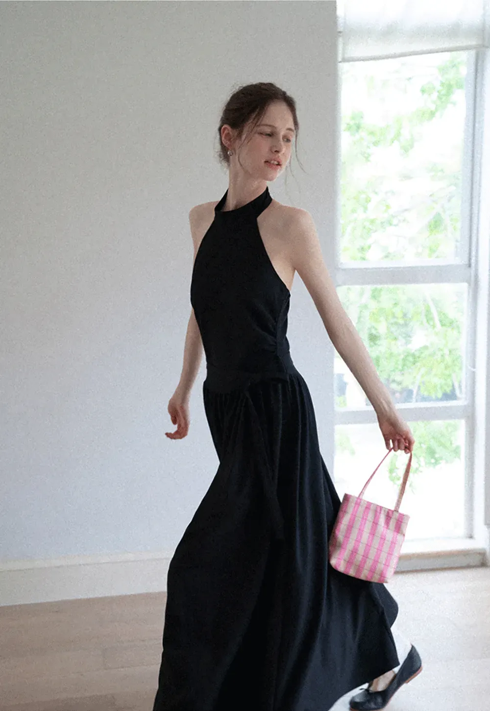 Halter Neck Midi Dress with Waist Tie