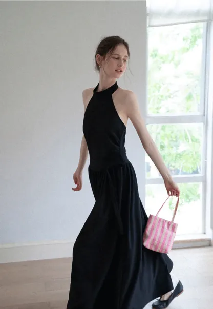 Halter Neck Midi Dress with Waist Tie