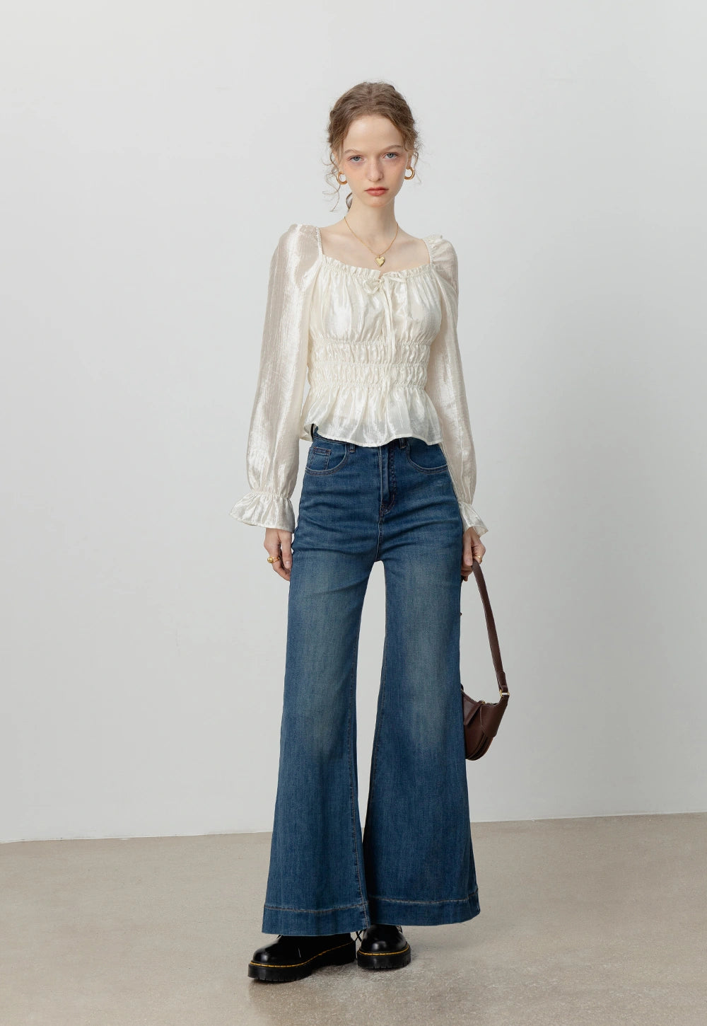 Women's Satin Smocked Blouse with Puff Sleeves