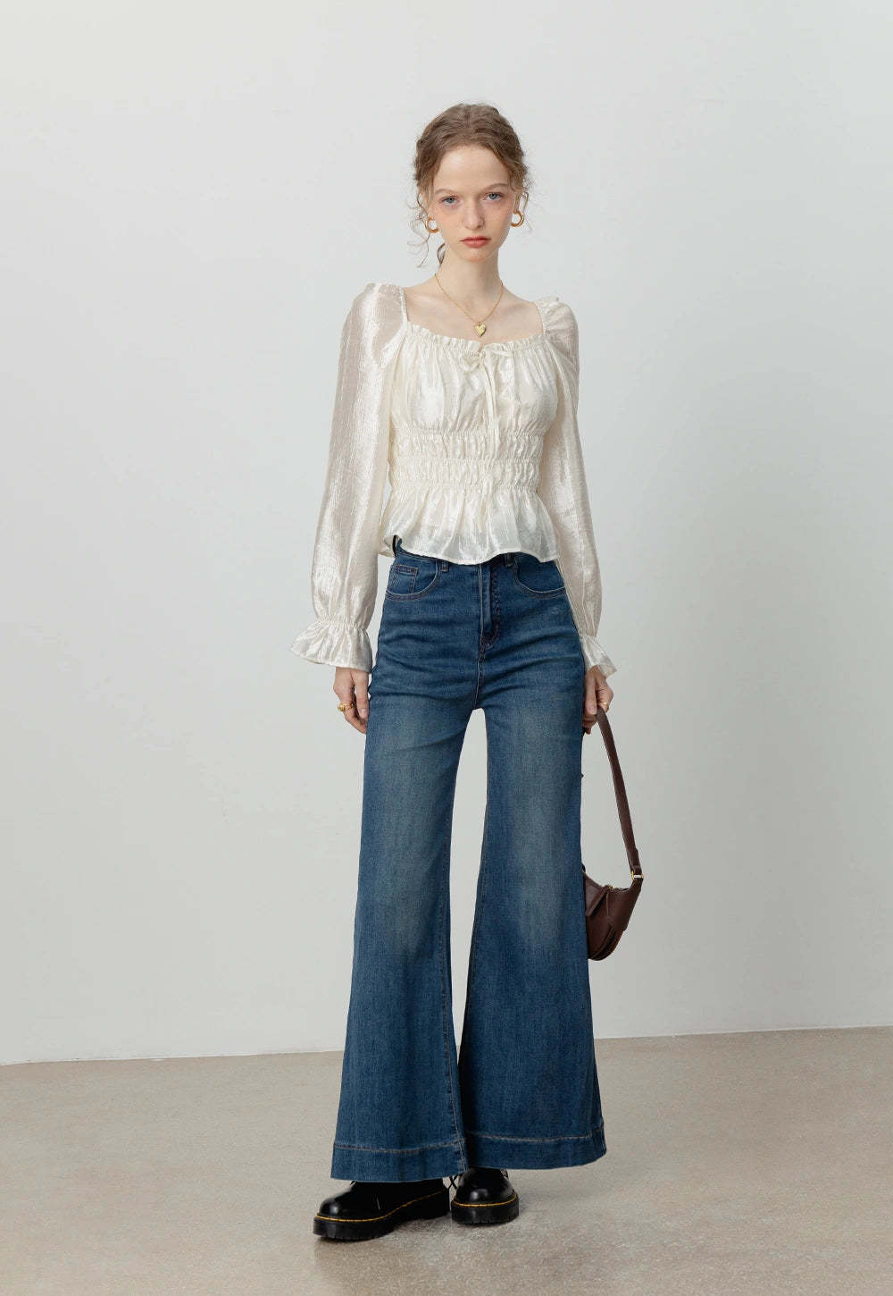 Women's Satin Smocked Blouse with Puff Sleeves