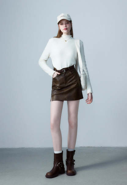 Women's Faux Leather Mini Skirt, A-Line with Belt and Pockets, Vintage Brown