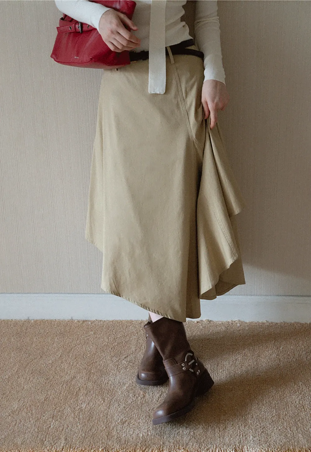 Womens High Waist Asymmetrical Midi Skirt