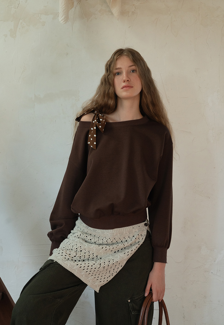 Women Tie-Front Loose One-Shoulder Sweatshirt