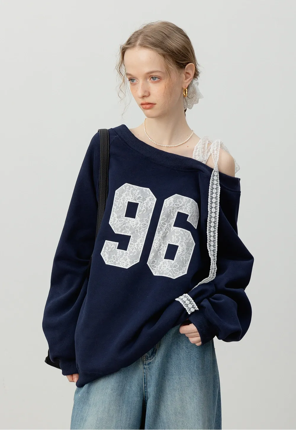 Women's Lace Off Shoulder Graphic Sweatshirt