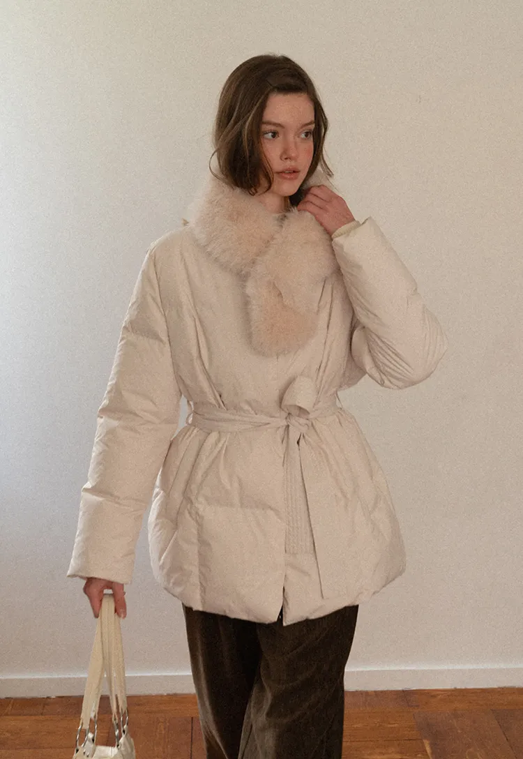 Belted Down Coat with Faux Fur Collar