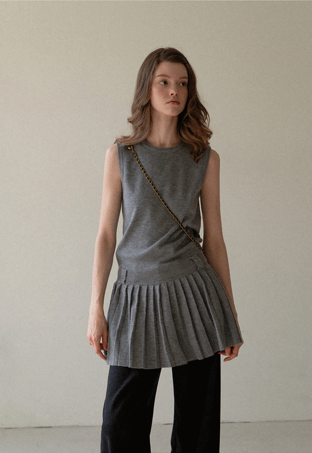 Elegant Pleated Skirt Dress with Knit Cardigan