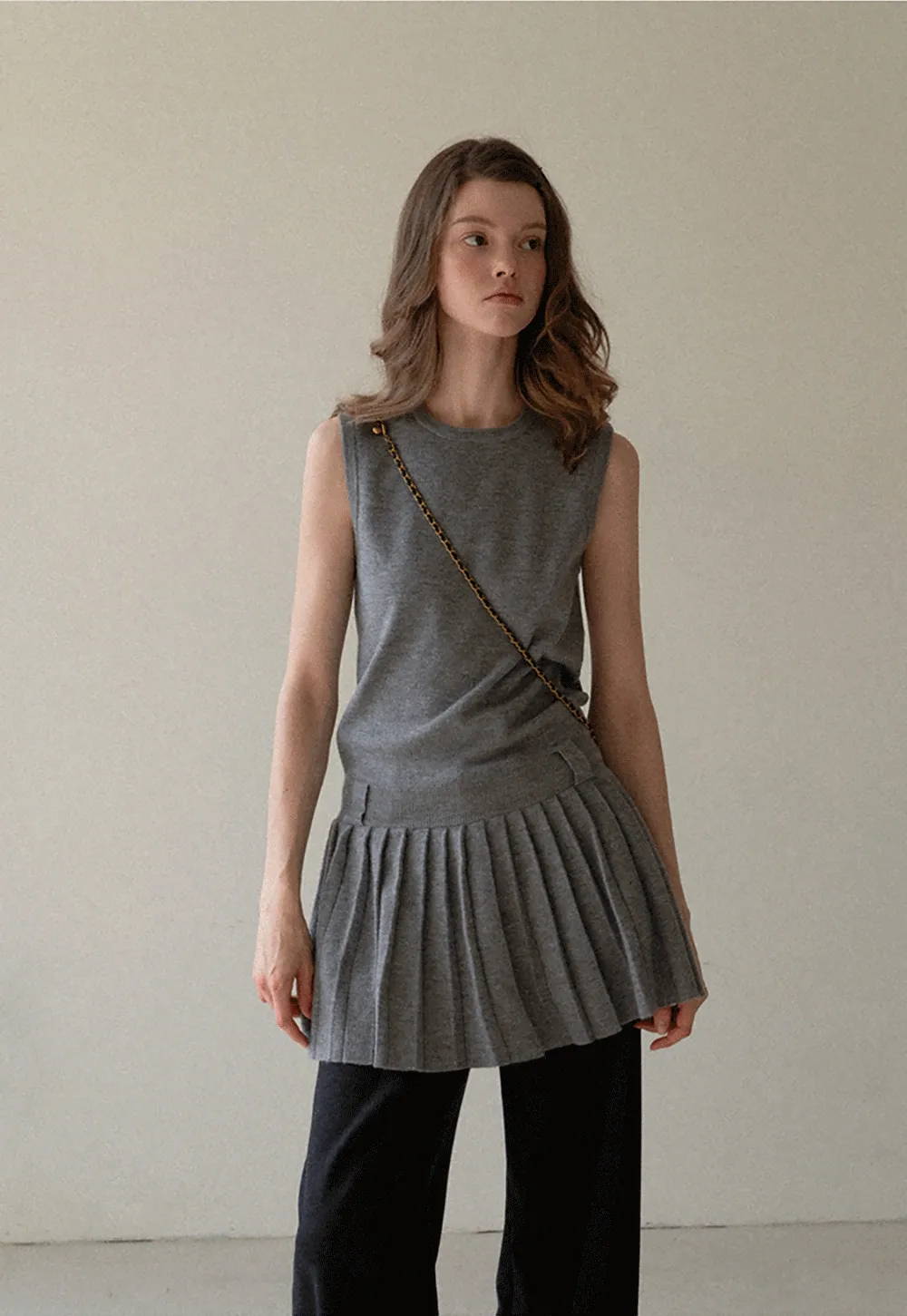 Elegant Pleated Skirt Dress with Knit Cardigan