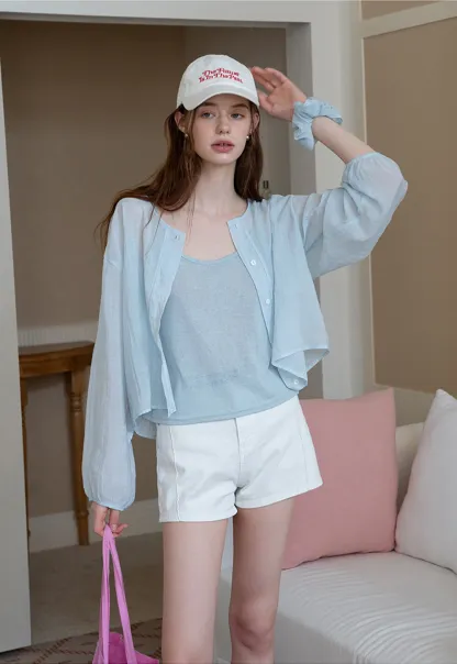 Women’s Button-up Blouse with Long Sleeves And Camis