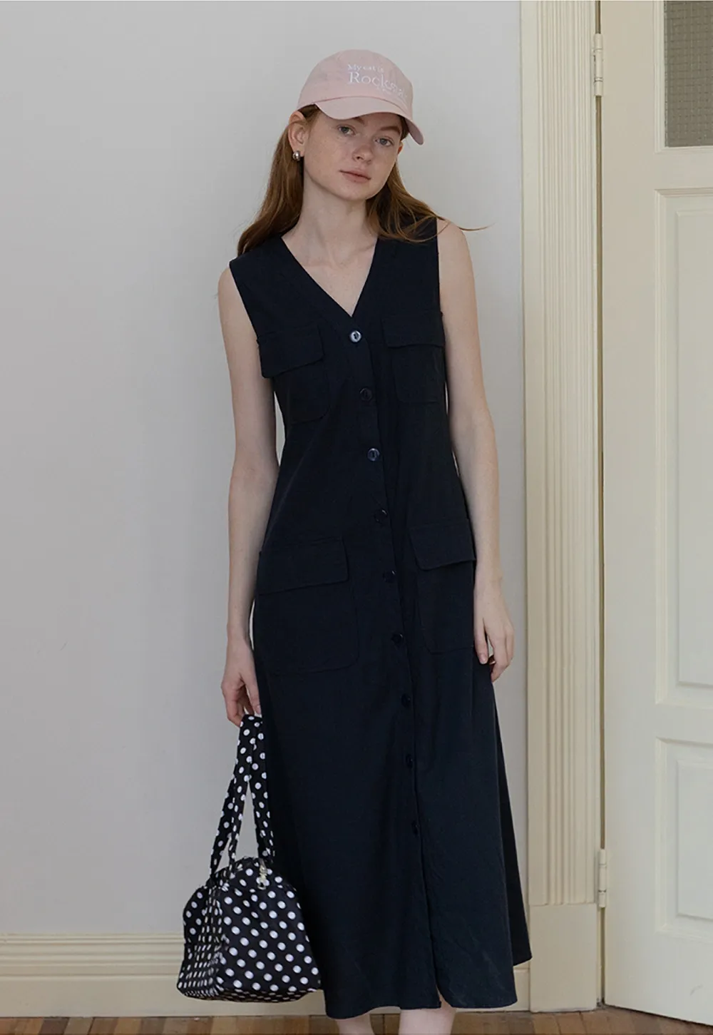 Sleeveless Button-Front Utility Midi Dress